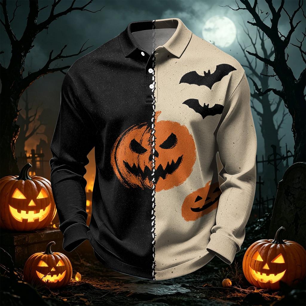 Men's Quick Dry Mesh Golf Shirt Long Sleeve Halloween Print Performance Top