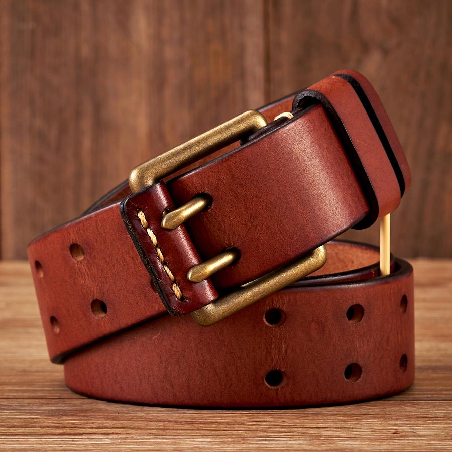 3,8 cm breiter Vintage-Herrengürtel Rindsleder Echtleder Gürtel Kupfer Doppelnadelschnalle Handgefertigter Jeansgürtel Mode Männliches Band