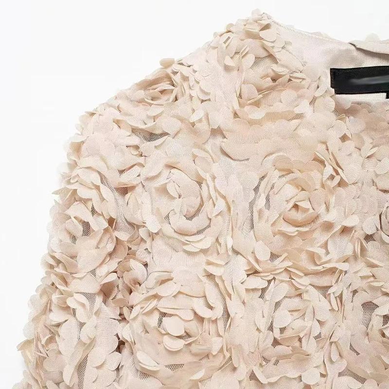 Street Short 3d Flower Lace Jacket Women Chic O-neck Long Sleeve Zipper Female Coats Autumn Lady All-match Outwears