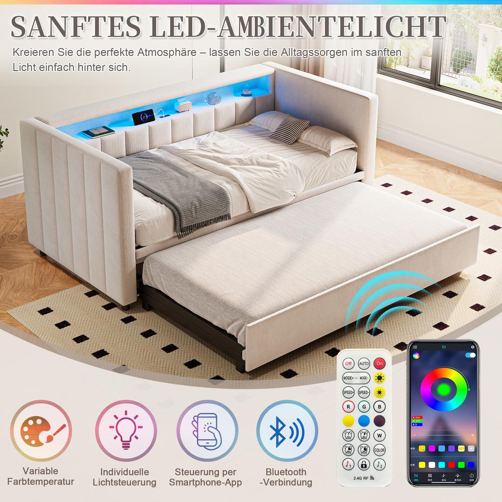 Sofá cama multifuncional 90x190 cm con cama extraíble, puerto USB-C, ambiente LED, funda de terciopelo – para salón, habitación de invitados o habitación juvenil. Beige
