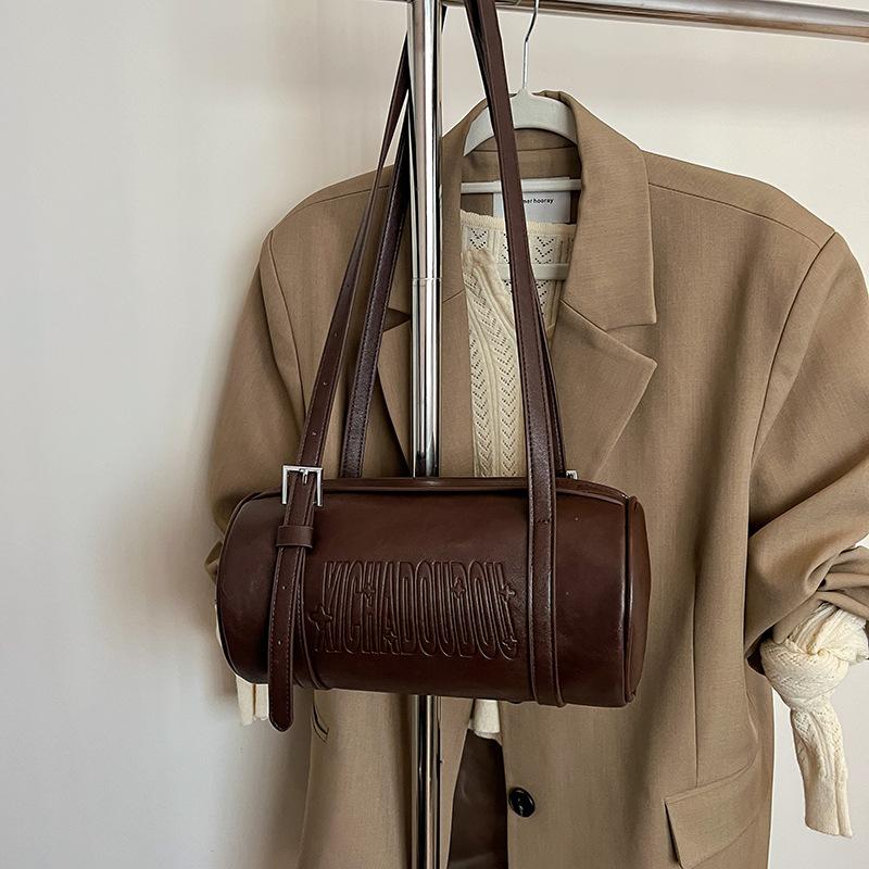 Popular retro Maillard texture portable soft leather cylindrical bag women's versatile simple multi-back pillow bag