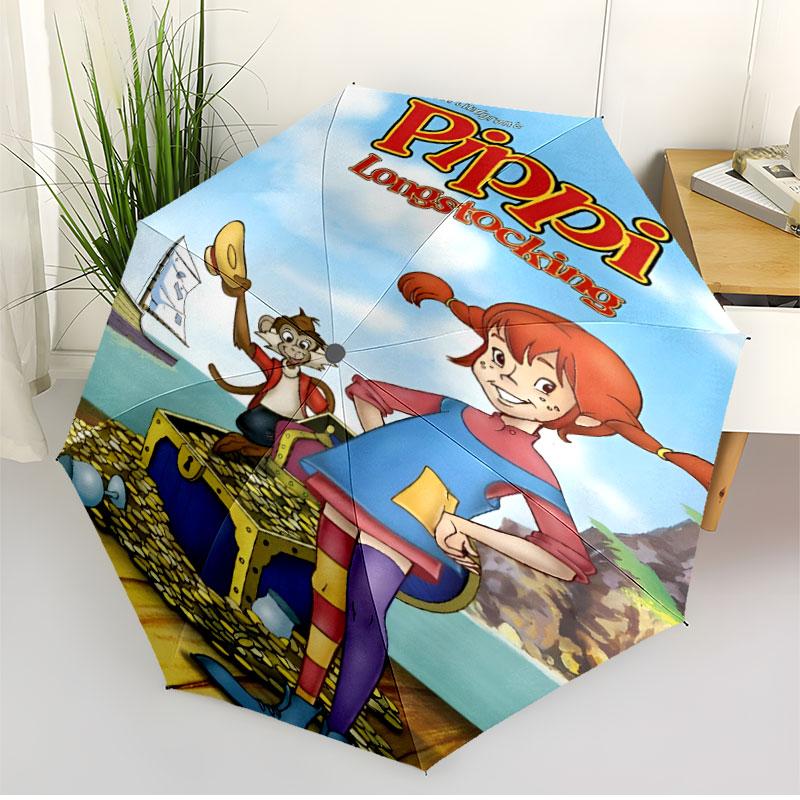 Pippi Longstocking Print Automatic Open Close Umbrella, Portable Foldable Umbrella, for Outdoor Commute Camping Trip, Ideal Birthday Gift