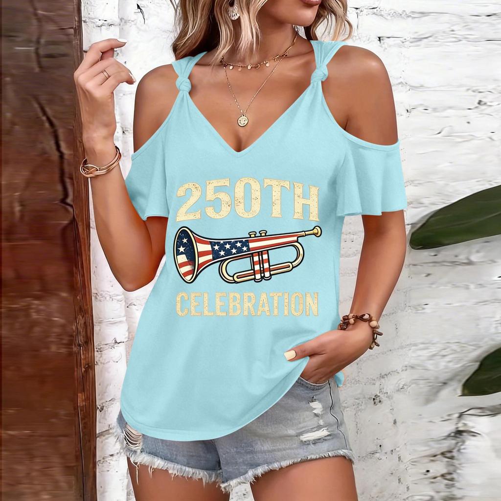 Women's Casual Cold Shoulder Short Sleeve T Shirt with 250th Celebration Print and Trumpet Graphic Loose Fit Round Neck Design