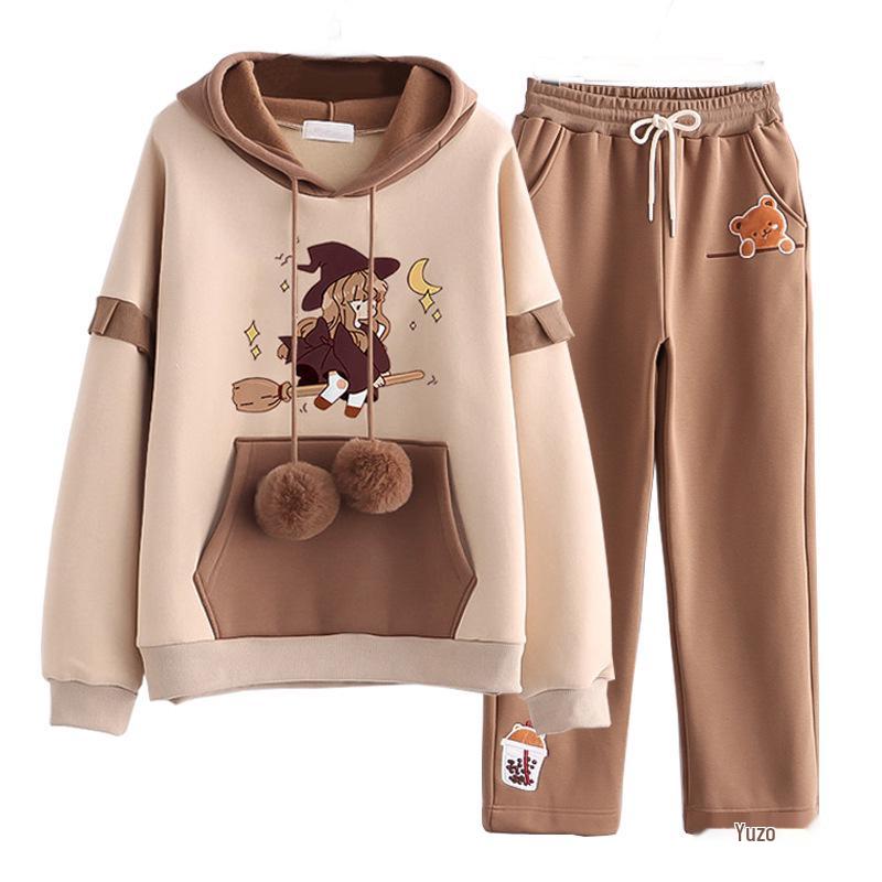 Podzimní/Zimní Sametová Zesílená Dvoudílná Sada pro Dívky (Věk 12-15): Mikina a ležérní sportovní oblečení