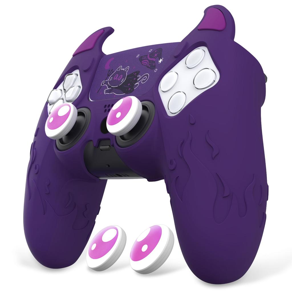 PlayVital PS5 Controller Silicone Cute Controller Cover Skin Protector with Thumb Grip Caps and Touchpad Stickers Cover, (Demon Style) (Purple)
