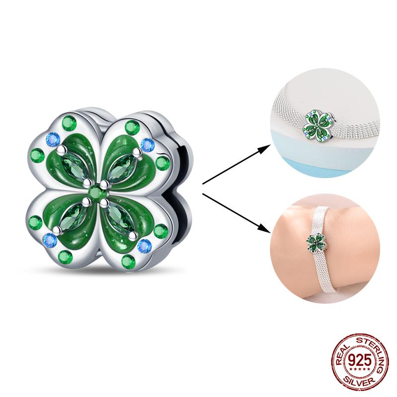 925 Silver Double Lucky Clover Guardian Lotus Flat Beads Fit Qikaola 925 Bracelets Fine DIY Jewelry For Women