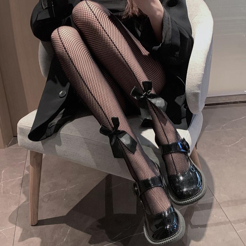 

Stockings women s sexy bow black fishnet socks spring and summer thin hollow black silk bottoming pantyhose One size