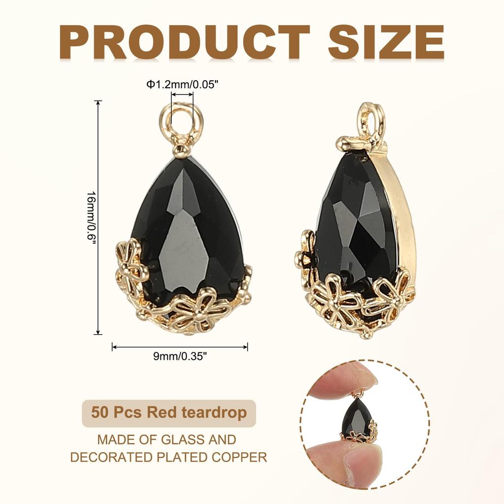 YOKIVE 50 Pieces Faceted Teardrop Glass Crystal Pendants for and DIY Crafts Rhinestones, Gold-Plated Necklaces, Earrings, Bracelets, Pendants, (Black,