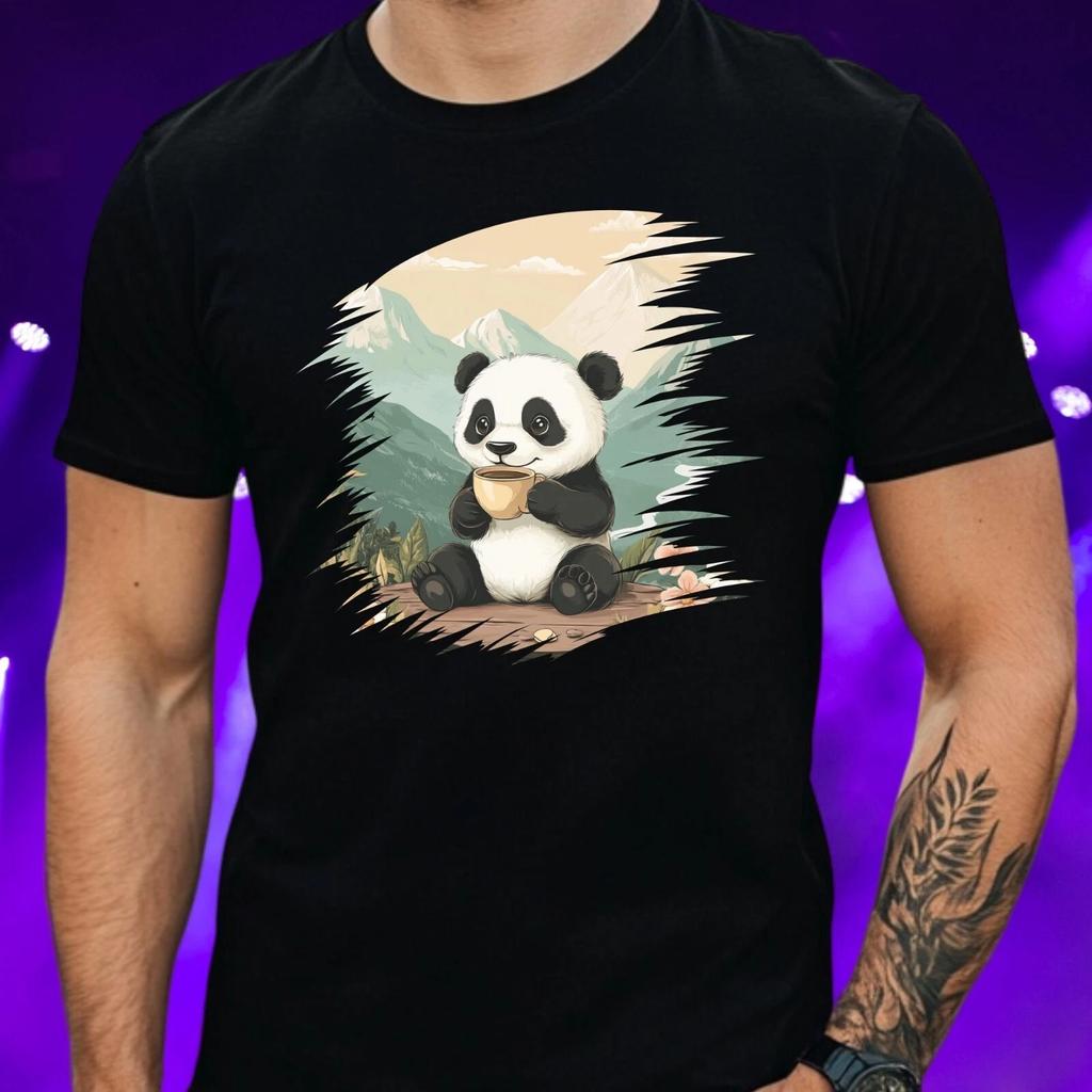 T-Shirt Herren Panda trinkt Kaffee Motiv Baumwolle Größe S bis 5XL