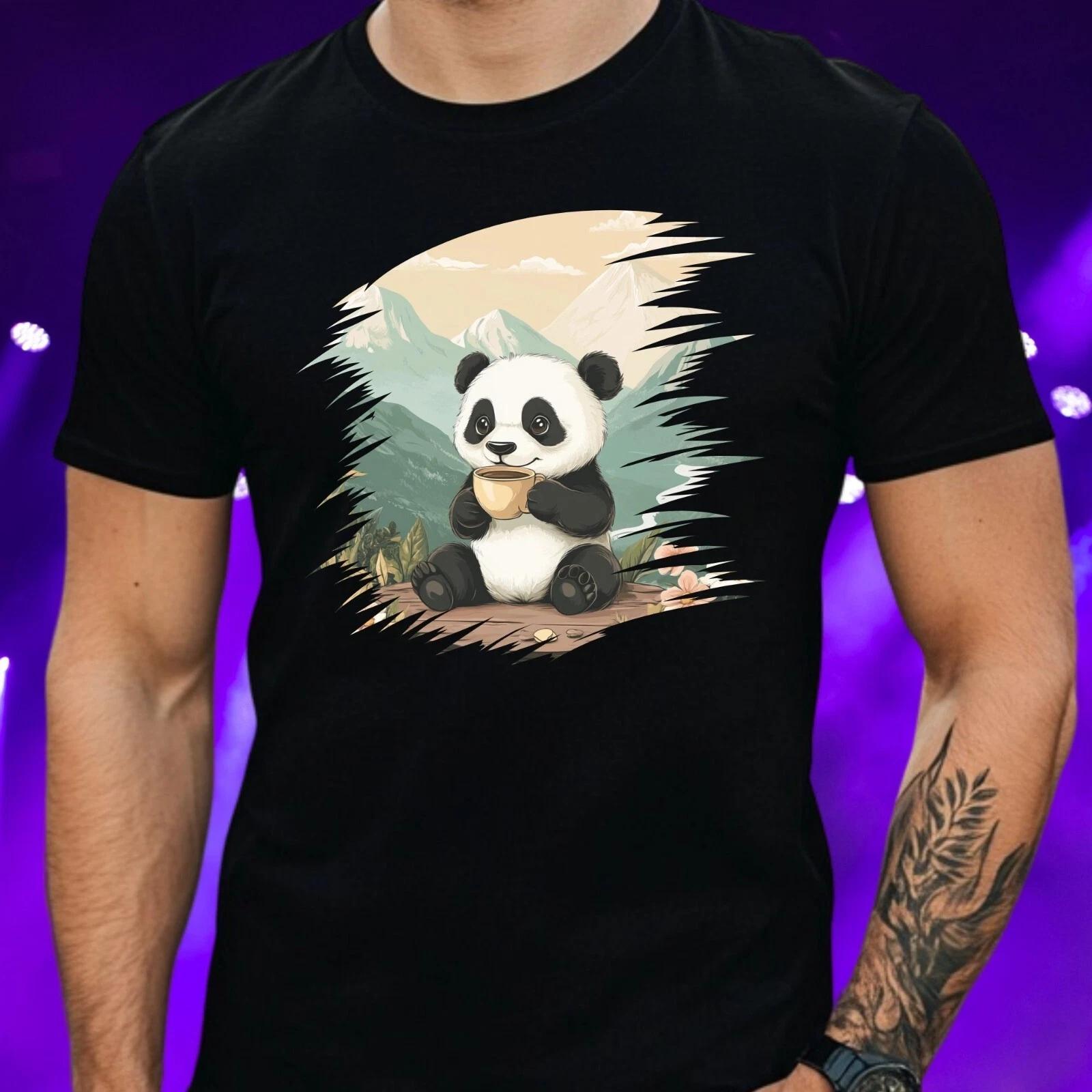 T-Shirt Herren Panda trinkt Kaffee Motiv Baumwolle Größe S bis 5XL S