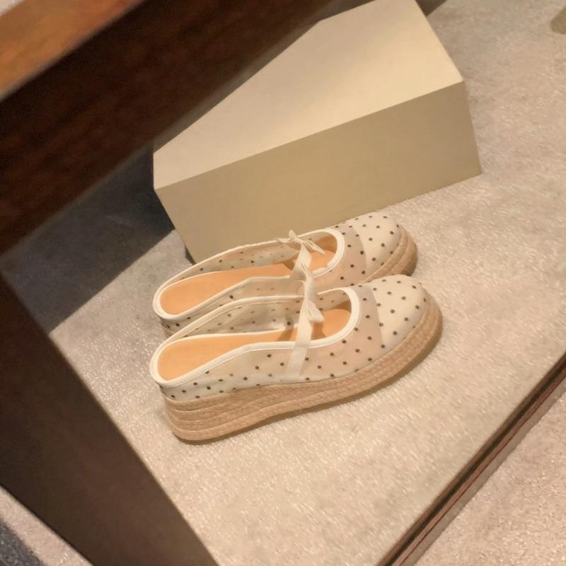 Sheepskin Version~ Polka Dot Bow Mesh Straw Woven Sandals Women's Summer Mesh Thick-soled Half-slippers Wedge Heel High-heeled Sandals