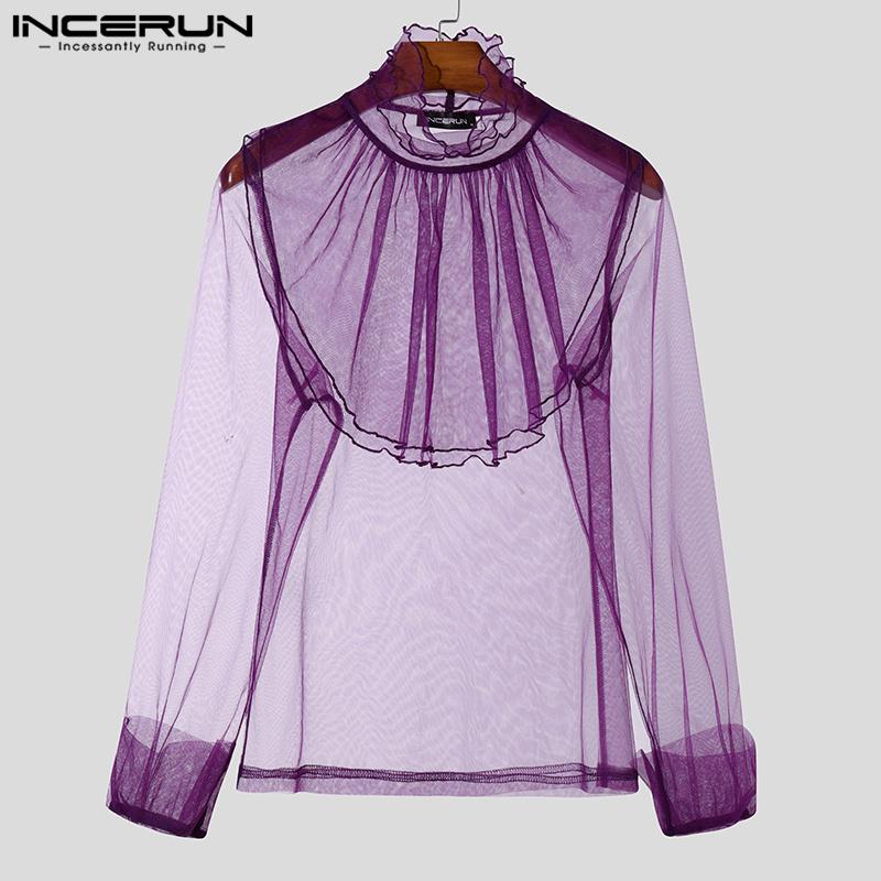 INCERUN Men Turtleneck Ruffled Layers Long Sleeve See Through Party Mesh Sheer Tops