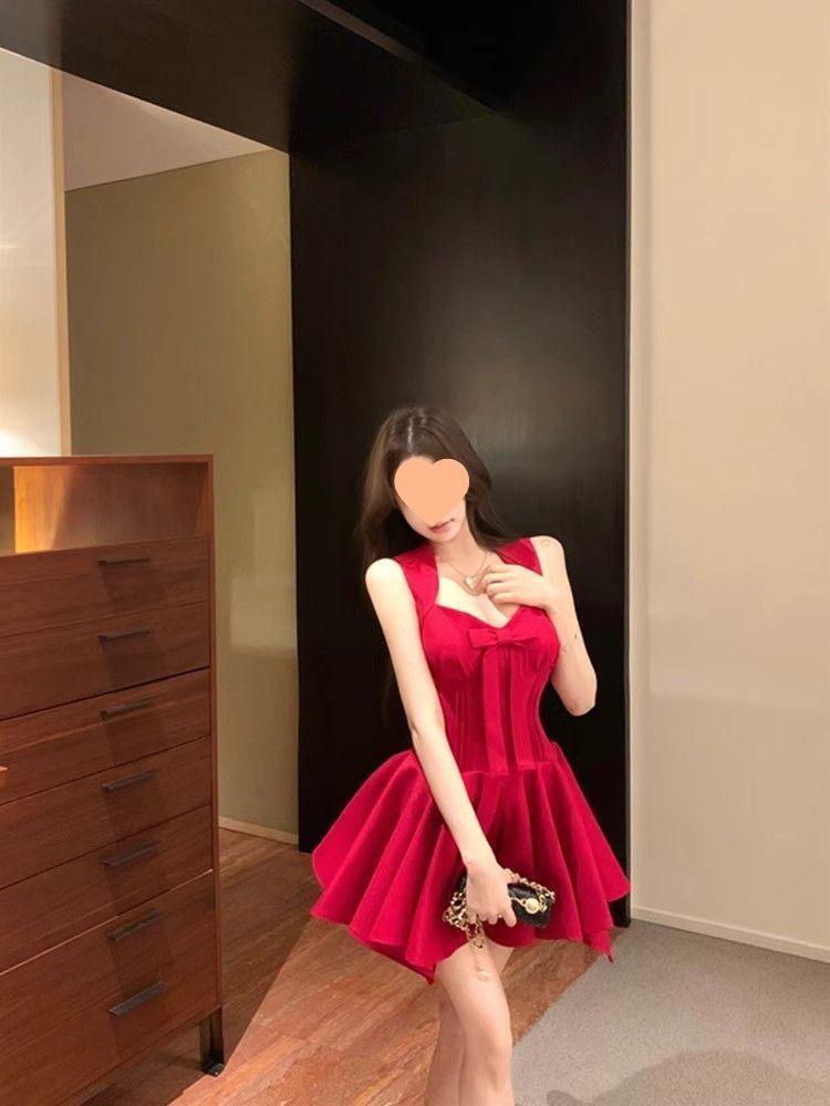 Elegant French Rose Bow Knot Dress - Slimming Waist, Summer Short Skirt for Special Occasions