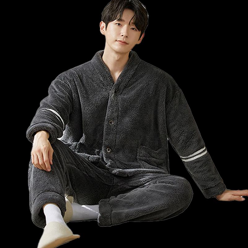 E&E Men's Plush Thermal V-Neck Pajama Set