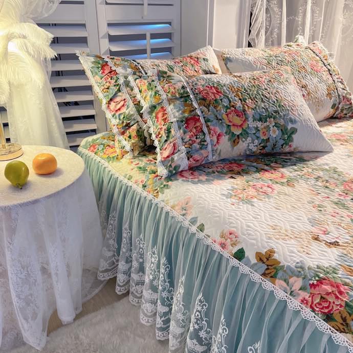 Luxury American Floral Bedding 100% Cotton Quilted Lace Ruffles Bed Skirt Mattress Cover Bedspread Pillowcases Nordic Size 1/3Pc