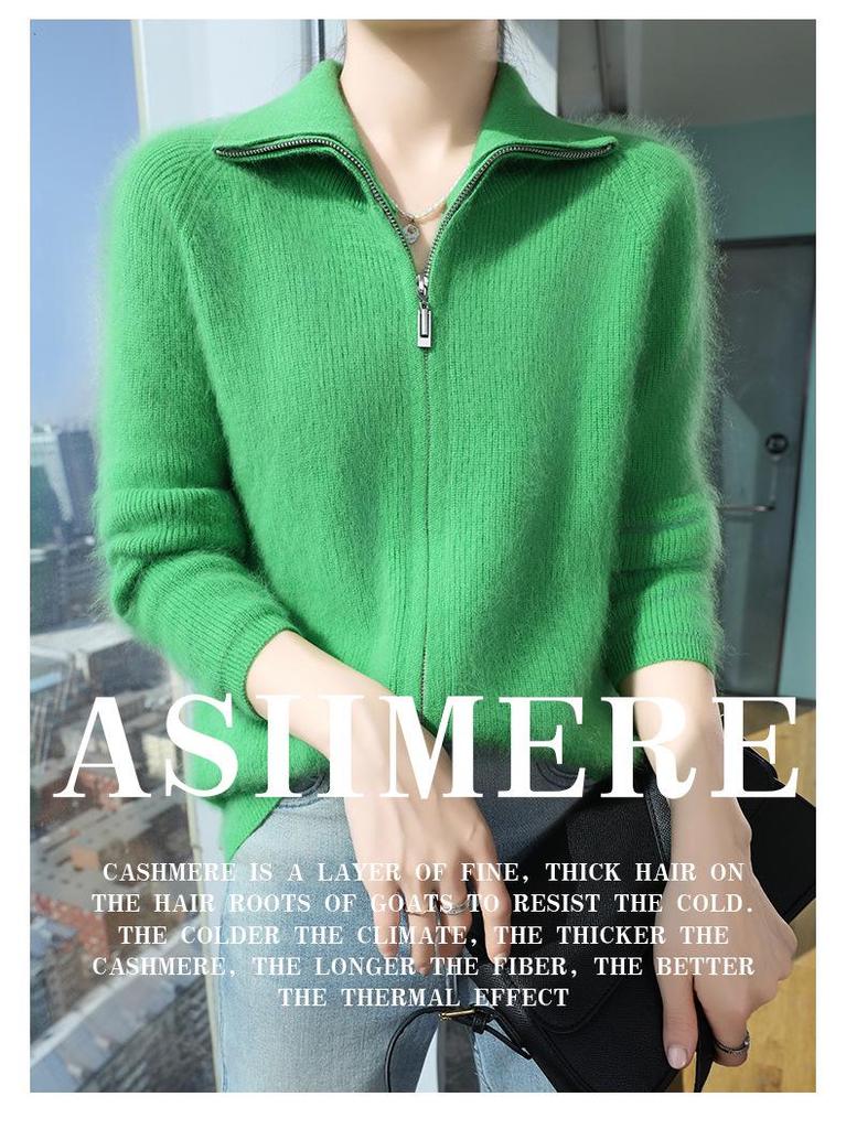 Lekasha 100% Mink Cashmere Zipper Knit Cardigan - Women's Loose, Versatile Autumn/Winter Outerwear