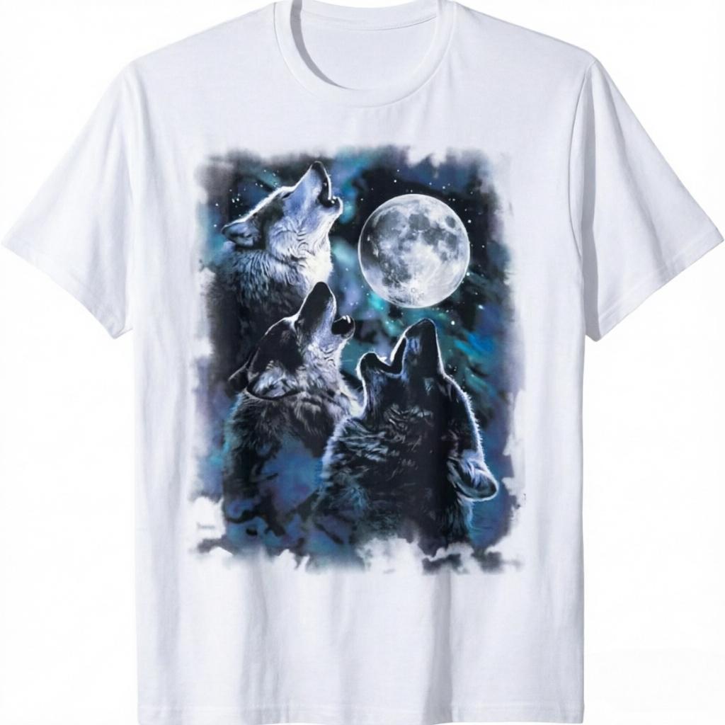 Unisexs Bohemian Wolf Howling At Moon Tshirt Black Crew Neck Tee With Wolf Moon Design Fit Suitable For Casual Outdoor