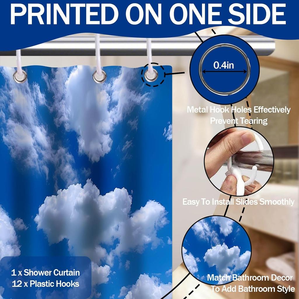 Blue Sky Shower Curtain White Clouds Nature Scenic Landscape Bathroom Decor, Waterproof Cloth Fabric with Hooks, 72x72 inch