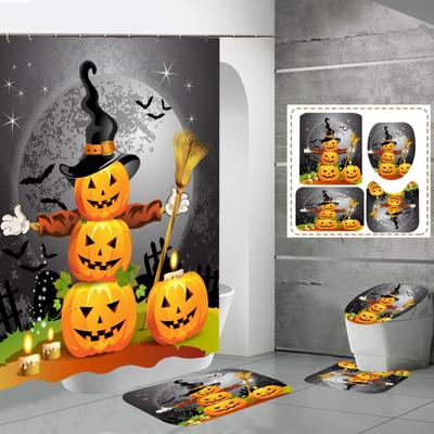 Halloween Bedrucktes Badezimmer 4-teiliges Set, Duschvorhang + Badematte + U-förmige Matte + WC-Sitzmatte, Und Stanzfrei, Mit 12 Haken
