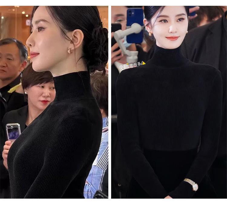 Women's Coffee High-Neck Sweater - Celebrity Style, Fall/Winter 2025, Slim Fit, Solid Color, Base Layer.