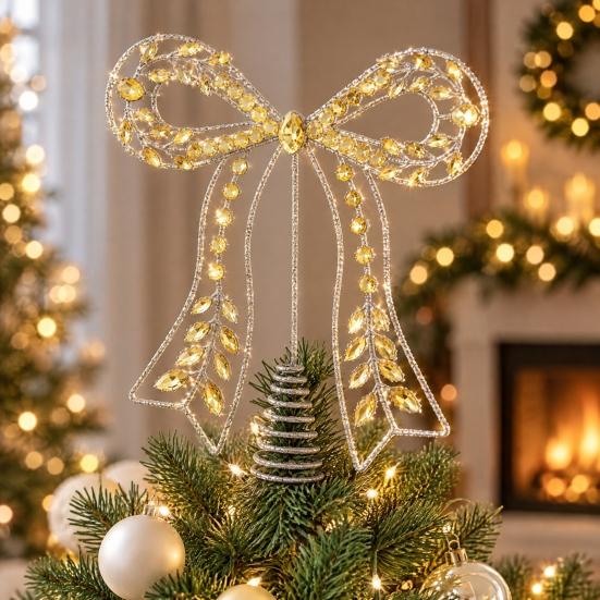 Indoor Festive Window Ornament Iron Bow Christmas Tree Topper, Gold Rhinestone Hollow-Cut Metal Light Luxury Holiday Party Decor with Spiral