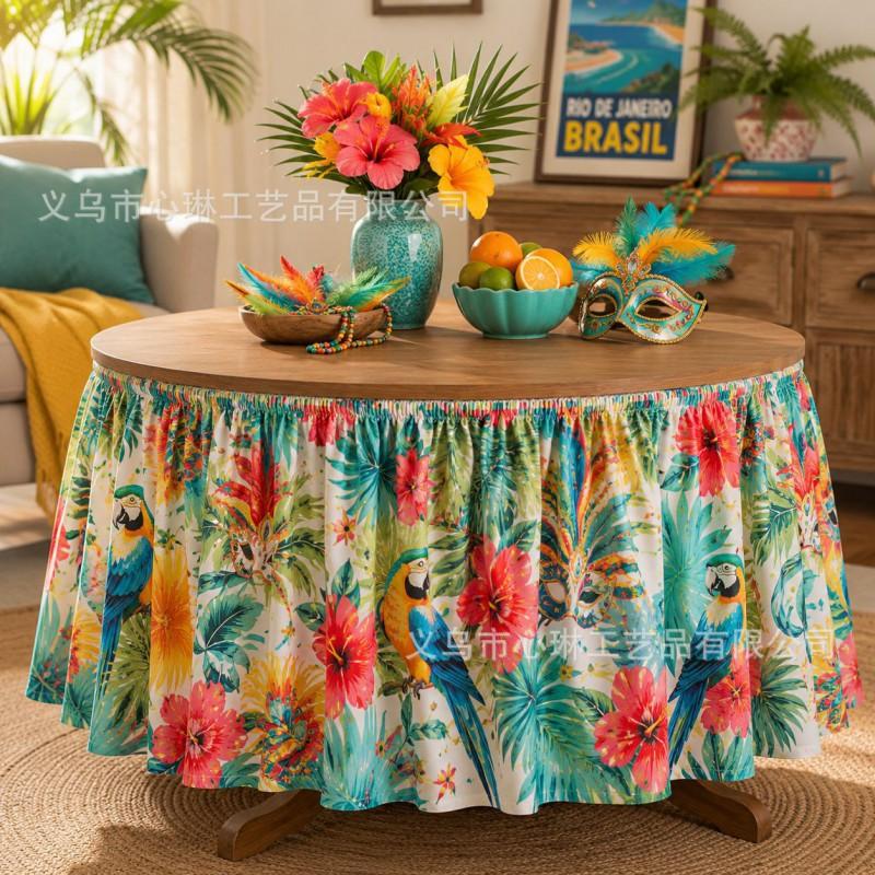 Tropical Plant Print Round Tablecloth Carnival Party Decor Festive Table Skirt In Geometric Abstract Design
