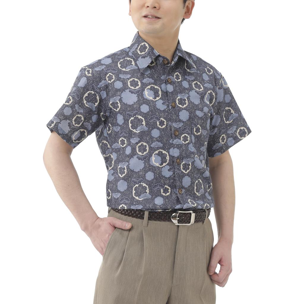 Little Island Takashima Chijimi Short Sleeve Indigo Blue with Japanese Size L Men's Shirt, Pattern,