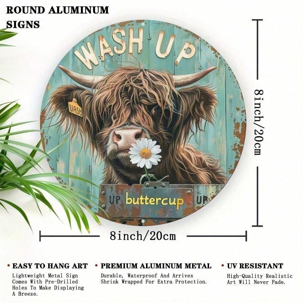 Rustic Highland Cow Metal Wall Art 20 cm Farmhouse Aluminum Sign for Bathroom Kitchen Home Decor