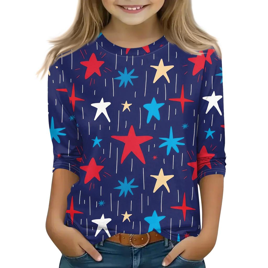 Print Tops For Youth Girls 3-10 Years Round Neck 3/4 Sleeves T-Shirts Trendy Tops Outfit Tees