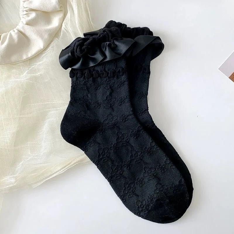 

3 Pairs Lolita Socks White Black Lace Girls Socks Middle Tube Japanese College Style Princess Socks Sweet JK Streetwear Hosiery One Size