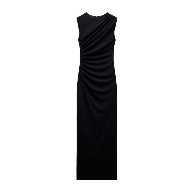 

Spring New Sleeveless Sheath Elegant Evening Dress Fitted Waist Pleated Decoration Midi Skirt Dress 8312478 Black L