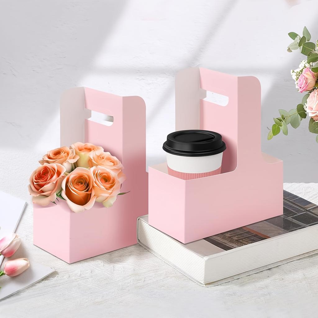 Pink Kraft Flower Gift Bags with Handles | Foldable 2-Cup Floral Wrap Packing Boxes for Weddings, Mother's Day, Anniversaries, and Birthday Parties