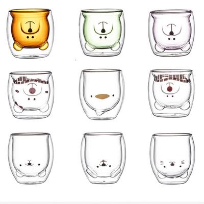 Caneca de Vidro Duplo 280ML Caneca de Café Urso Gato Cachorro Animal Transparente Fofo Copos para Beber Leite Suco Chá Festa de Aniversário Taças de Vinho