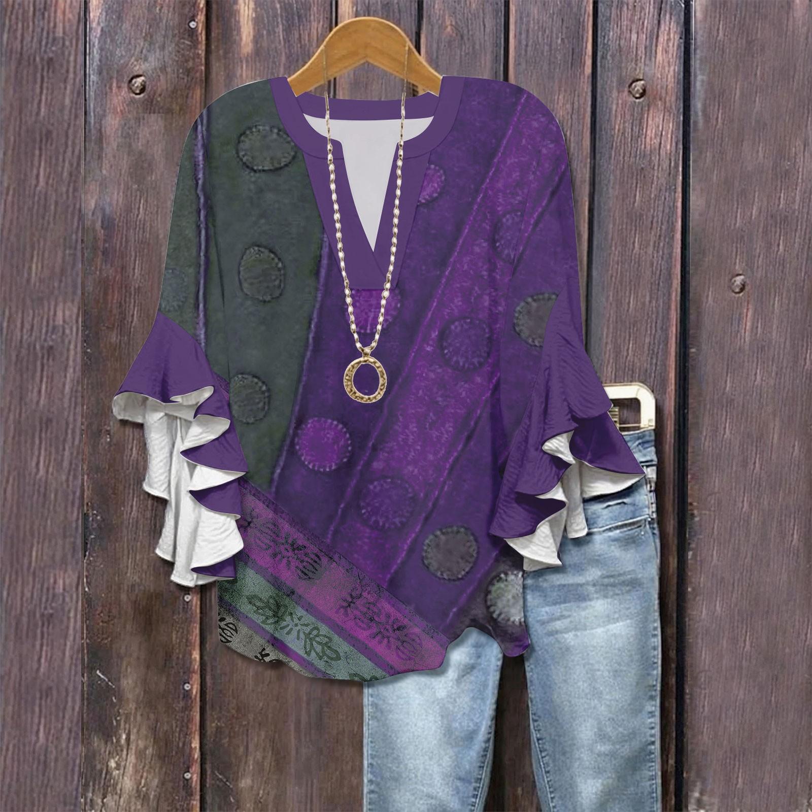 

Рубашки с рукавами 3/4 для женщин, симпатичные футболки с графическим принтом, блузки, повседневные, больших размеров, базовые топы с оборками на рукавах, пуловеры XXL фиолетовый