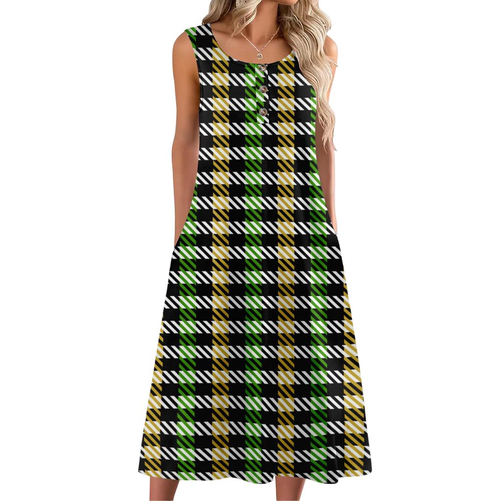 Women's Fashion Casual Sleeveless Button Plaid Print Dress with Pocket