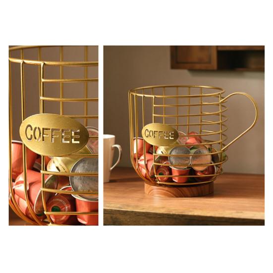 Metal Wire Cup Storage Basket with Wooden Base Coffee Mug Shape Hollow Out Organizer for Home Cafe Bar Countertop Kitchen Decor