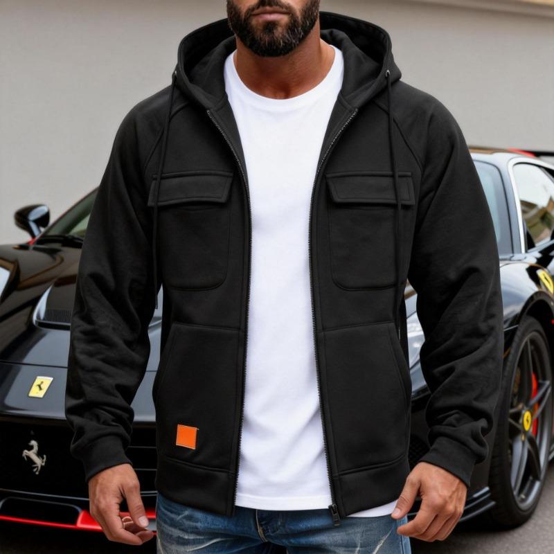 Mens Black Multi Pocket Full Zip Up Hooded Sweatshirt With Drawstring S