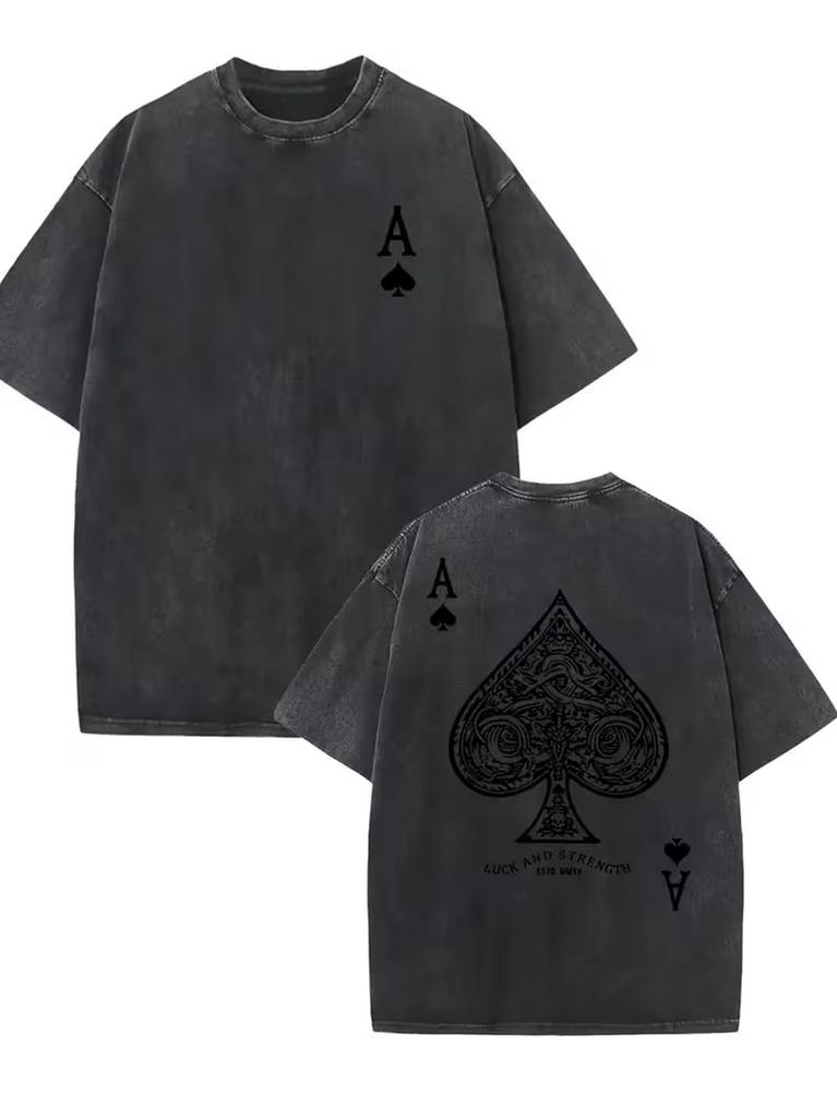100% Ren Bomuld, T-shirt med Tryk af Spillekortmønster, Rund Hals, Til Forår og Sommer