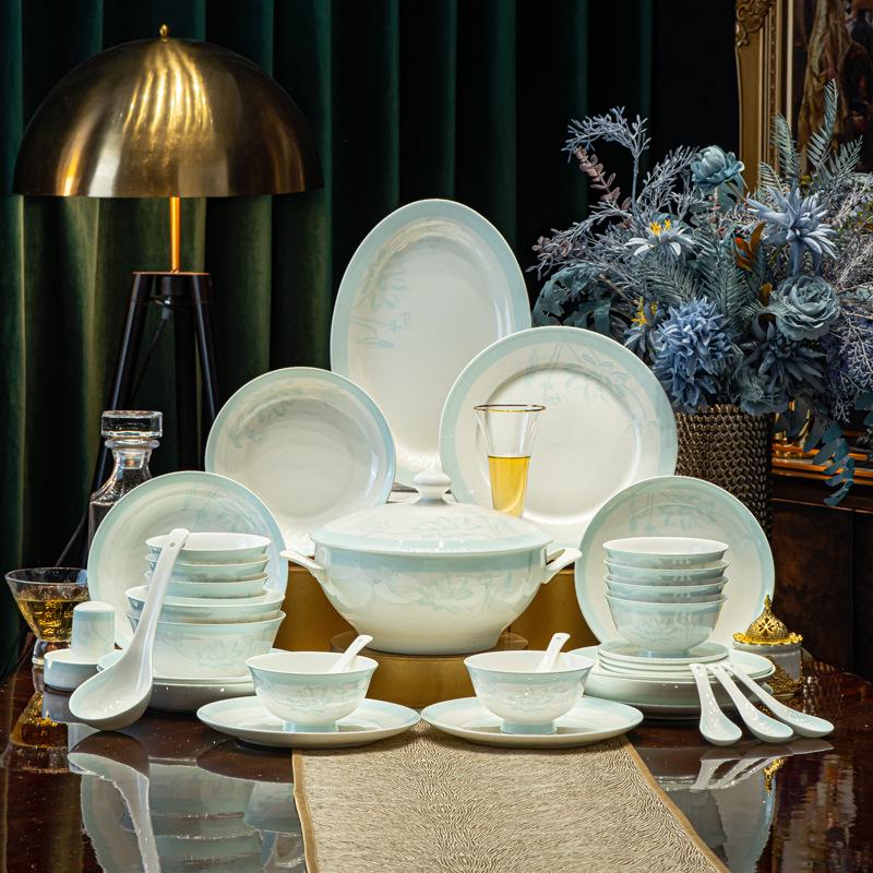 Tangshan Bone China Tableware Set: Underglaze Rice Bowls, Plates, Noodle & Soup Bowls, Chopsticks Combination.