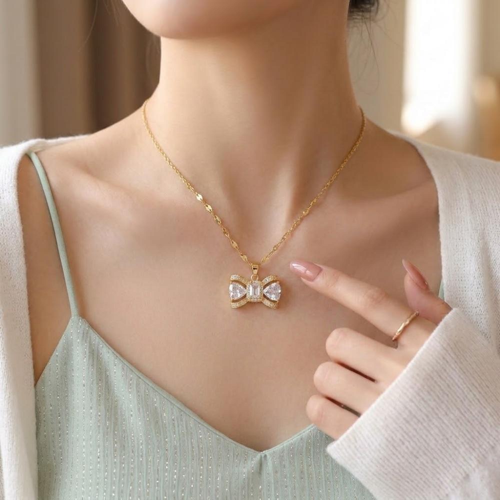 Cute Female White Zircon Stone Bow Skeleton Pendant Necklace Gold Color Wedding Jewelry For Women