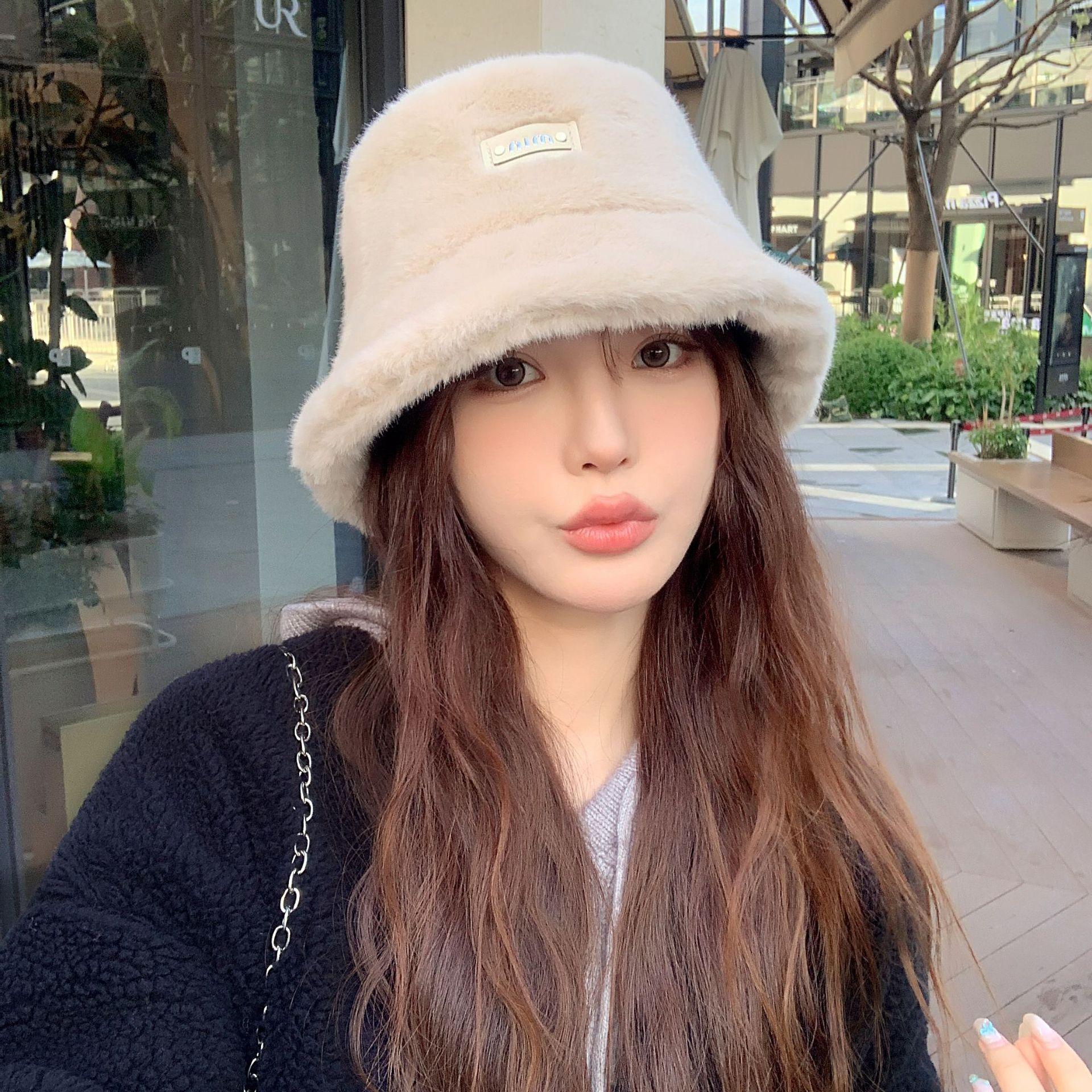 

Lady BrandNew ColdSeason Warm Fisherman s Hat Korean Style Style Styleable and Versatile Solid Color Imitation Rabbit Hair Pot Hat