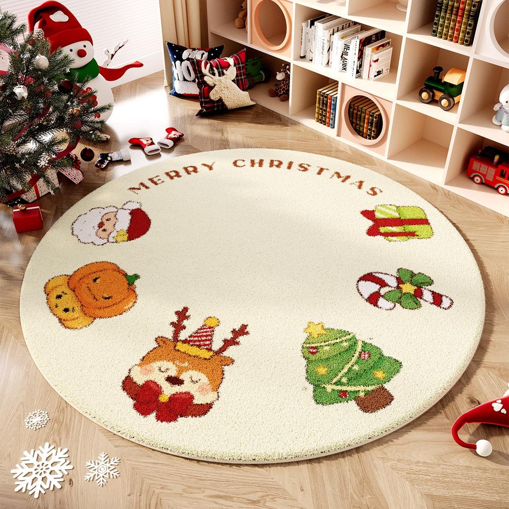 Christmas Winter Warm Synthetic Cashmere Round Rug For Living Room And Bedroom Slippery Floor Mat Home Decoration