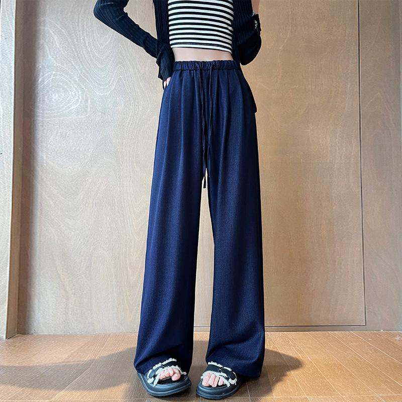 

Темно-синие крошечные джинсы для женщин, летние, тонкие, эластичные, с высокой талией, прямые, свободные, драпированные, из прохладного шелка, широкие брюки XXL синий