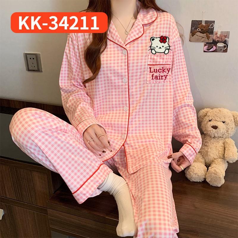 Womens Cute Cat Print Pajama Set Fall Thin Cardigan Long Sleeve Loungewear