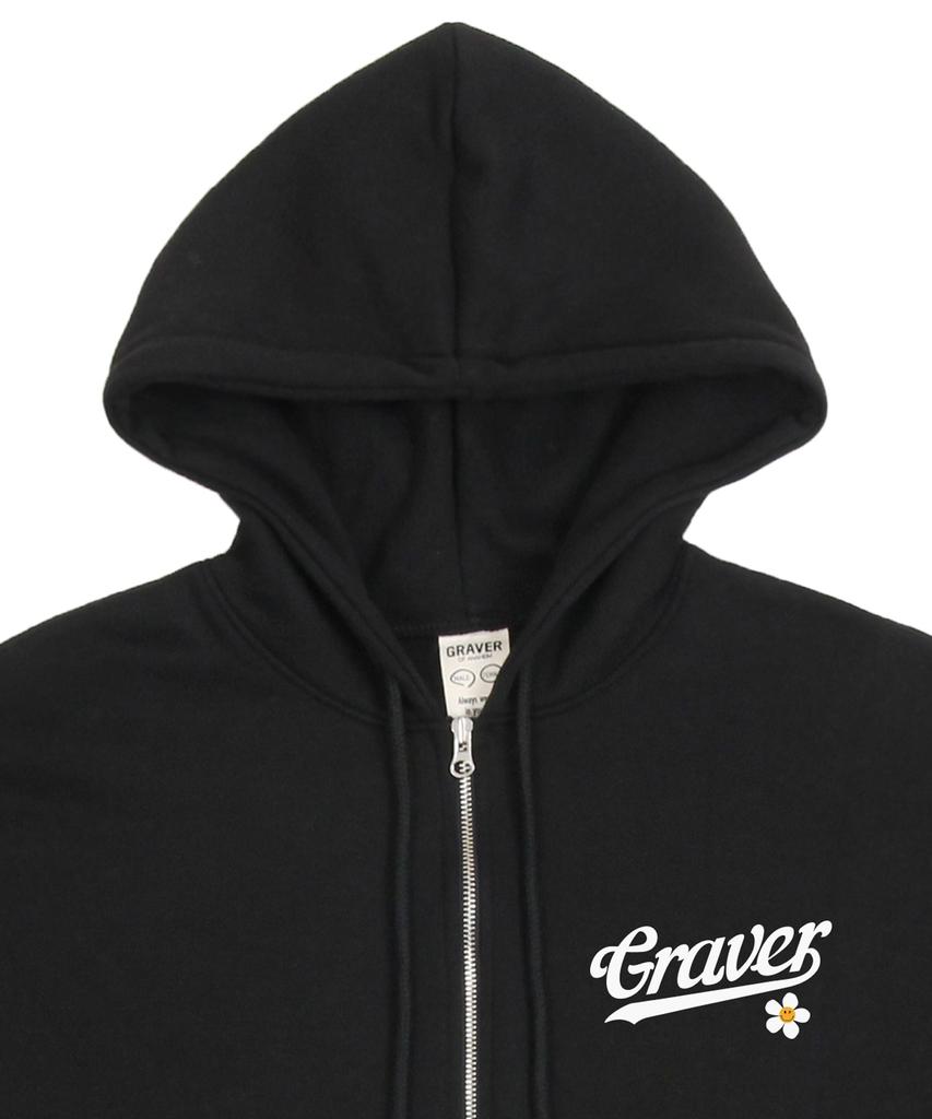 Graver [Unisex] Baseball Logo Flower Smile Zip-Up Hoodie_Black