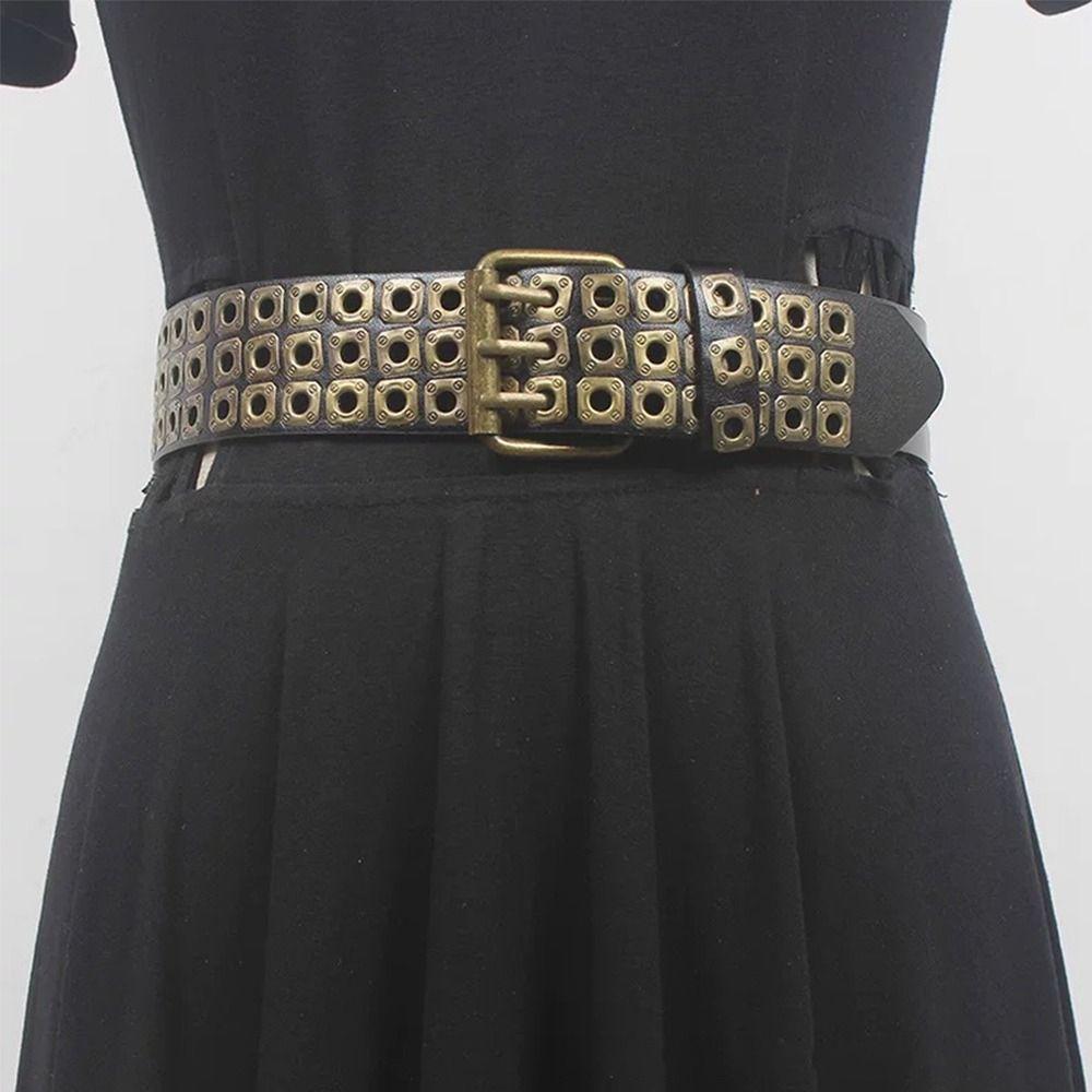Ceinture Métallique Fashion Boucle Rivets Creuse Style Punk Chaîne de Taille Ceinture en Cuir PU assortie Pour Hommes et Femmes
