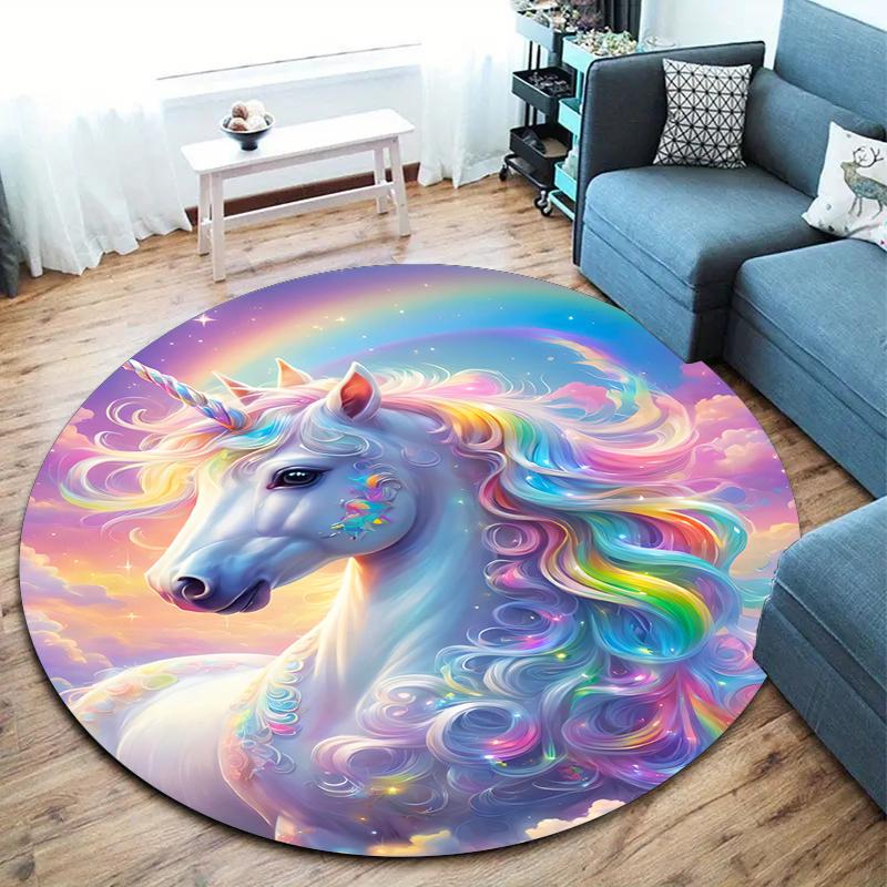 1Pc Cute Unicorn Circular Print Rug - Home Decoration Carpet For Living Room Bedroom Flooring Computer Chair Area Rug