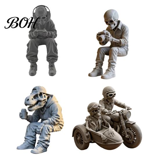 Durable Skull Figurine 3D Printed Sitting Skeleton Statue, Halloween Indoor Decor Figurines, Mini Detailed Model Home for Living Room Table