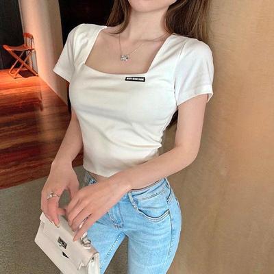 Retro Französischer Quadratkragen Kurzes T-Shirt mit hoher Taille und freiliegendem Bauchnabel, kurzärmliges Damen-T-Shirt mit schmalem Sommer-Base-Shirt