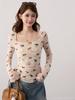 Puppy Print Slim Fit Backless U-Neck Long Sleeve Top - Women's Korean Style Waist-Defining Short T-Shirt for Spring, Autumn, Winter